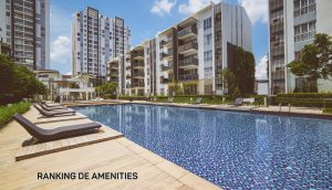 Amenities en un conjunto. Piscina con butacas para recostarse.